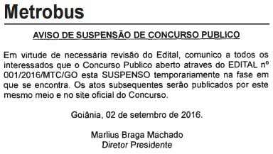 suspensao concurso metrobus go - Concurso Metrobus GO 2016: Certame para 238 vagas está suspenso