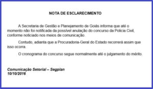 notaSegplan 300x175 - Concurso Polícia Civil-GO PCGO 2016: TJGO suspende certame para Agentes e Escrivães de Polícia substitutos de Goiás