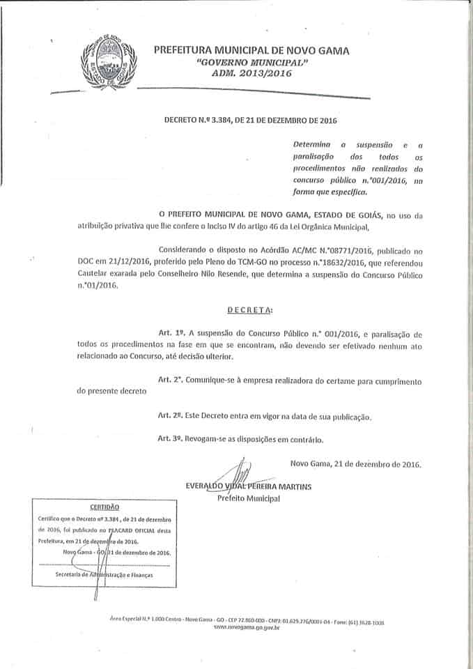 suspensao concurso novo gama go 1 - Concurso Prefeitura de Novo Gama - GO 2016: Certame est&aacute; suspenso