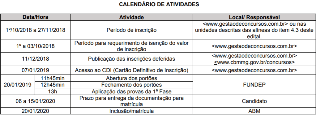 CRONOGRAMA CONCURSO CBM MG - Concurso CBM MG 2018: Inscrições PRORROGADAS até 30/11