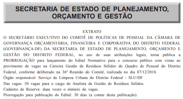 concurso slu df 2019 prorrogacao edital - Concurso SLU DF 2019: Cespe/Cebraspe é escolhido organizador. São 150 vagas!