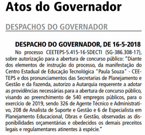 concurso ceeteps 2018 2019 autorizacao1 - Concurso CEETEPS 2018/2019: AUTORIZADO para 939 vagas para nível fundamental, médio e superior