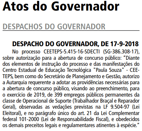 concurso ceeteps 2018 2019 autorizacao2 - Concurso CEETEPS 2018/2019: AUTORIZADO para 939 vagas para nível fundamental, médio e superior