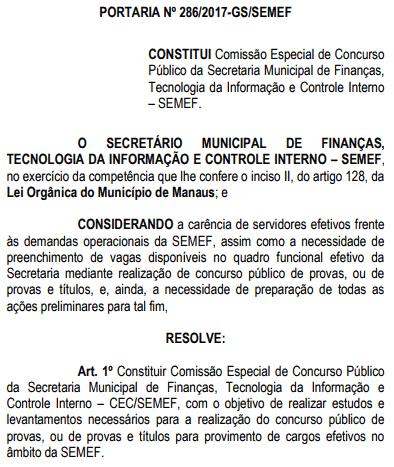 concurso semef manaus 2018 2019 comissao interna - Concurso SEMEF Manaus 2018/2019: FCC escolhida como banca!