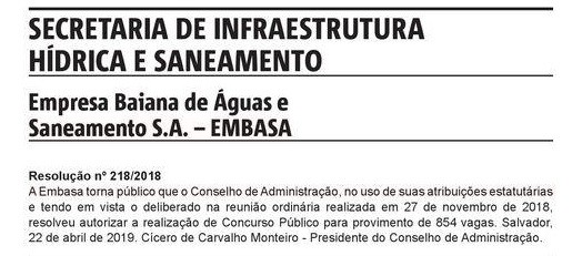 222 - Concurso EMBASA 2019: Concurso Autorizado com 854 Vagas