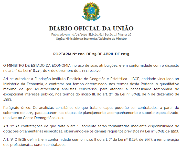 concurso ibge 2019 analista censitario portaria - Concurso IBGE 2019: Autorizado edital com 400 vagas para Analista Censitário