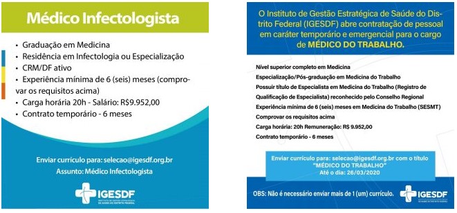 vagas iges df 03 - Aberta seleção de médicos no Iges-DF. Salários de até R$ 14,3 mil