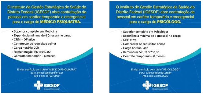 vagas iges df 04 - Aberta seleção de médicos no Iges-DF. Salários de até R$ 14,3 mil