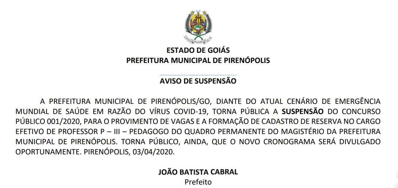 suspensao concurso pirenopolis - Concurso Prefeitura de Pirenópolis Suspenso