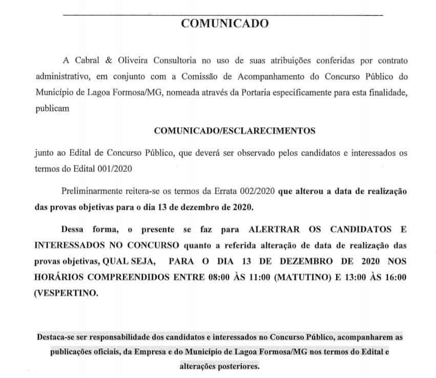 comunicado - Concurso Prefeitura de Lagoa Formosa MG