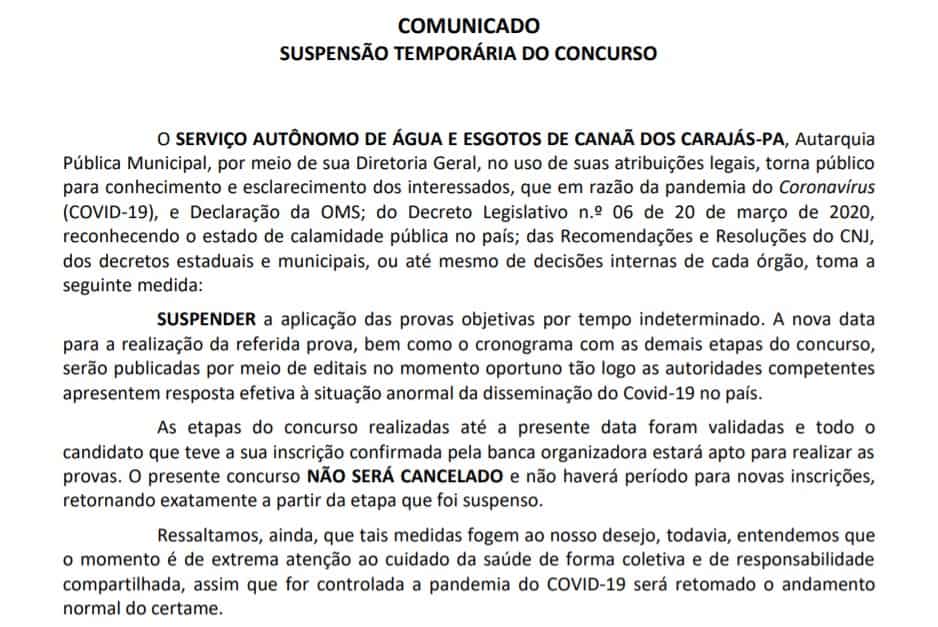 saee - Concurso SAAE de Canaã dos Carajás PA: Suspenso temporariamente