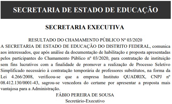 confirmacao quadrix sedf temporarios - Concurso SEDF Professor Temporário 2020: Banca Quadrix é confirmada