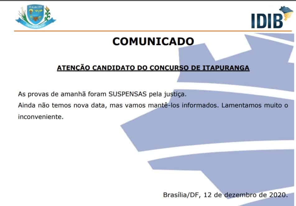 Concurso Prefeitura de Itapuranga GO: Provas adiadas suspenso - Concurso Prefeitura de Itapuranga GO: Provas adiadas