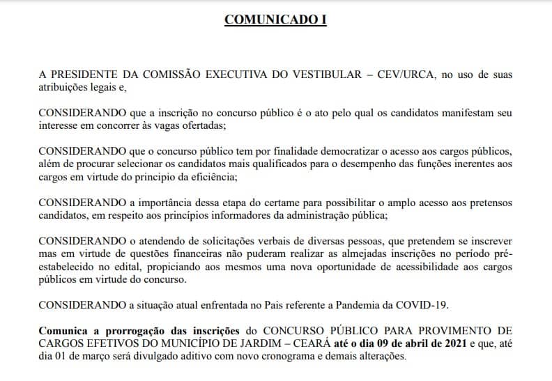 comunicado inscricoes prorrogadas pref jardim ce - Concurso Prefeitura de Jardim CE: inscrições PRORROGADAS