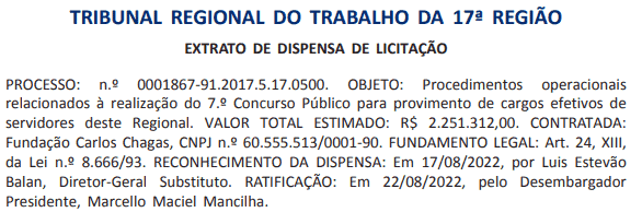 Captura de tela 2022 09 01 111350 - Concurso TRT ES: Banca definida