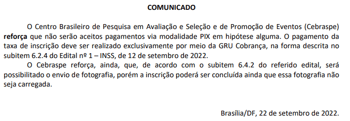 Captura de tela 2022 09 23 111413 - Concurso INSS: Comunicado do Cebraspe