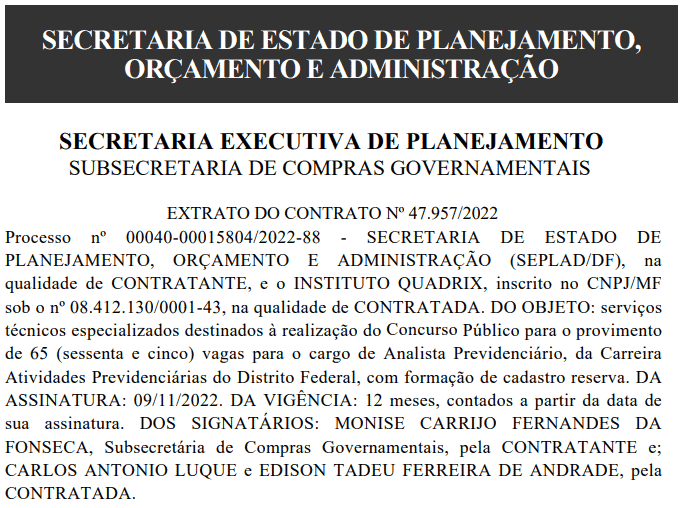 Captura de tela 2022 11 14 110036 - Concurso SEPLAG DF: Banca contratada