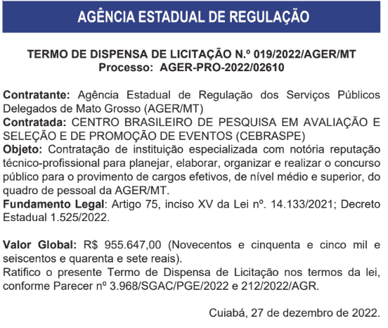 Captura de tela 2022 12 29 154941 - Concurso AGER MT: Banca definida