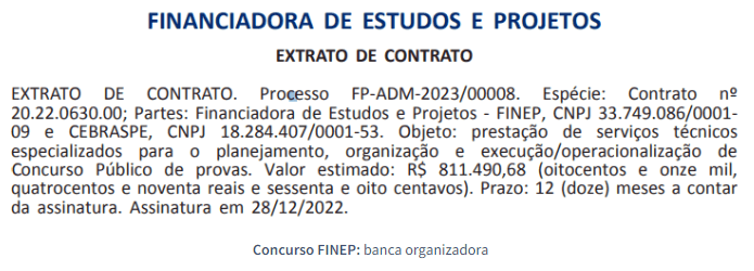 Captura de tela 2023 01 06 104442 - Concurso FINEP: Banca definida